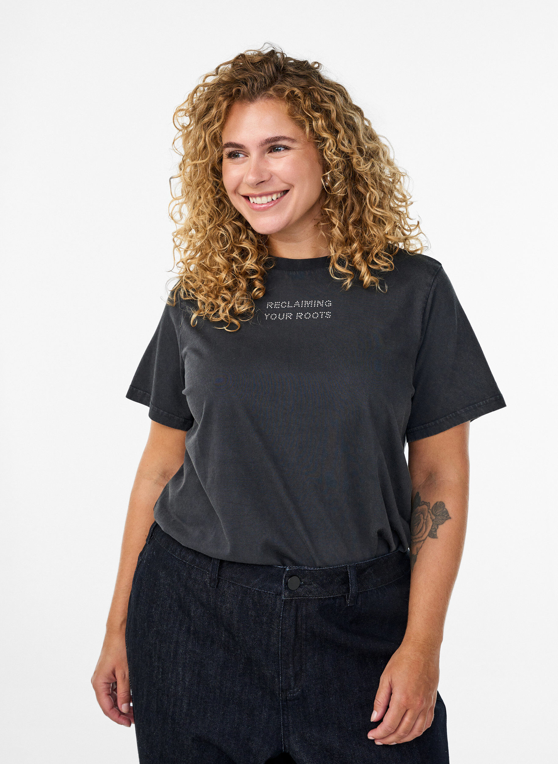 Organisch katoenen T-shirt met studs, Grijs, Model