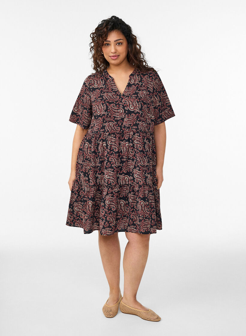 Jurk met korte mouwen, A-lijn en snijlijnen, Zwart, Model image number 1