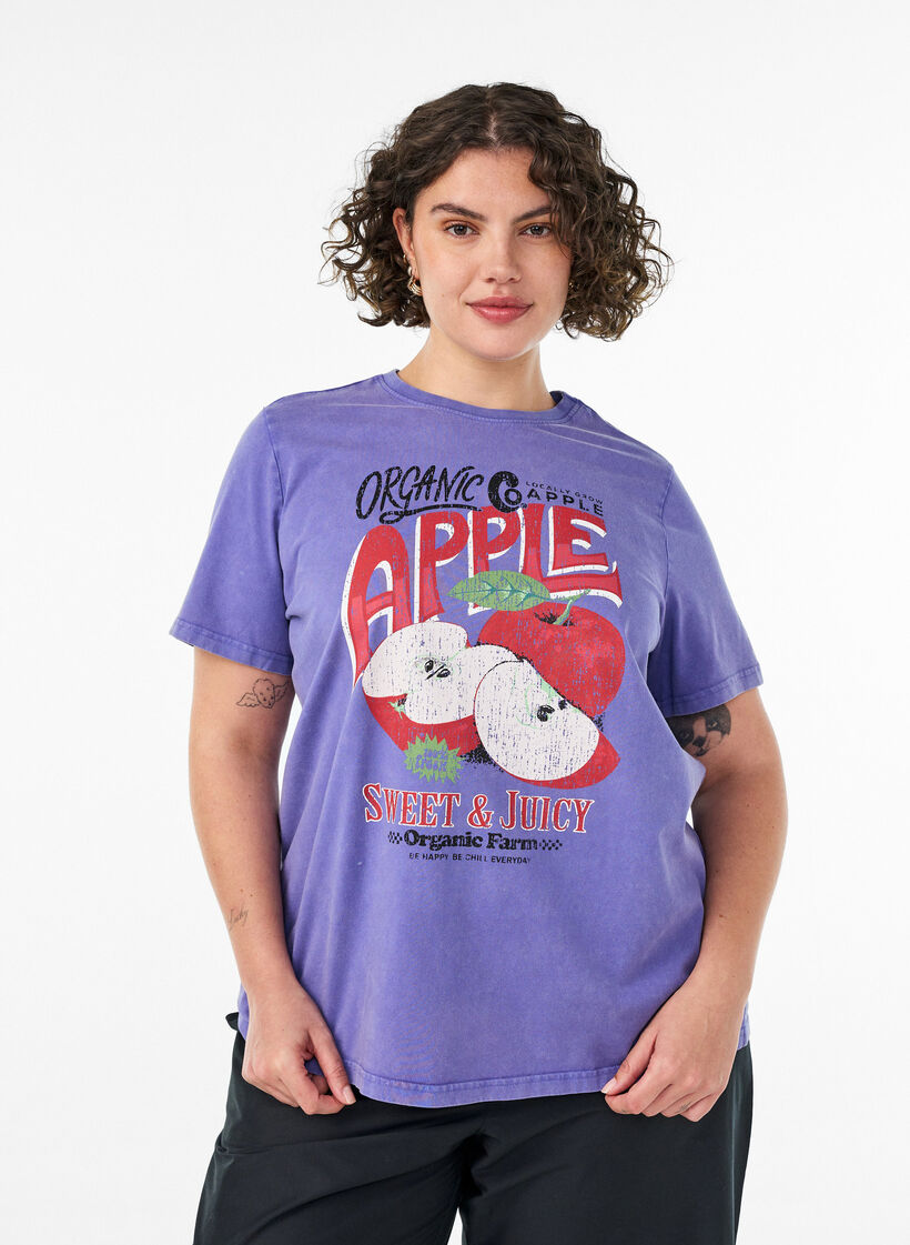 T-shirt en coton avec imprim&eacute; sur le devant et effet d&eacute;lav&eacute;, Violet, Model image number 0