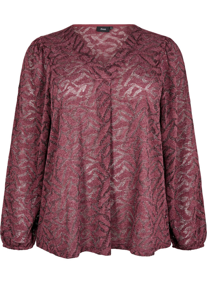 Blouse met lange mouwen met glitter en patroon, Rood, Packshot image number 0