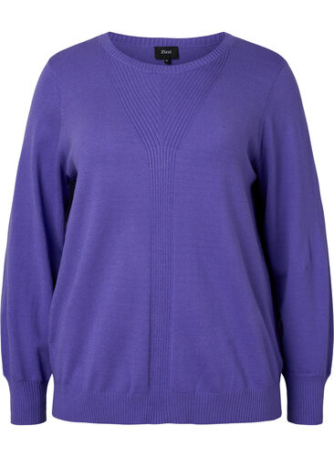 Effen gekleurde gebreide trui met ribdetails, Purple Opulence Mel., Packshot image number 0