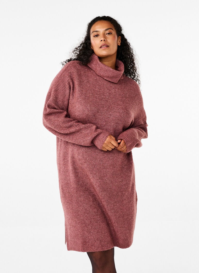 Gebreide jurk met col, Rood, Model image number 0
