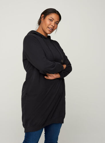 Robe pull en coton à capuche, Black Solid, Model image number 0