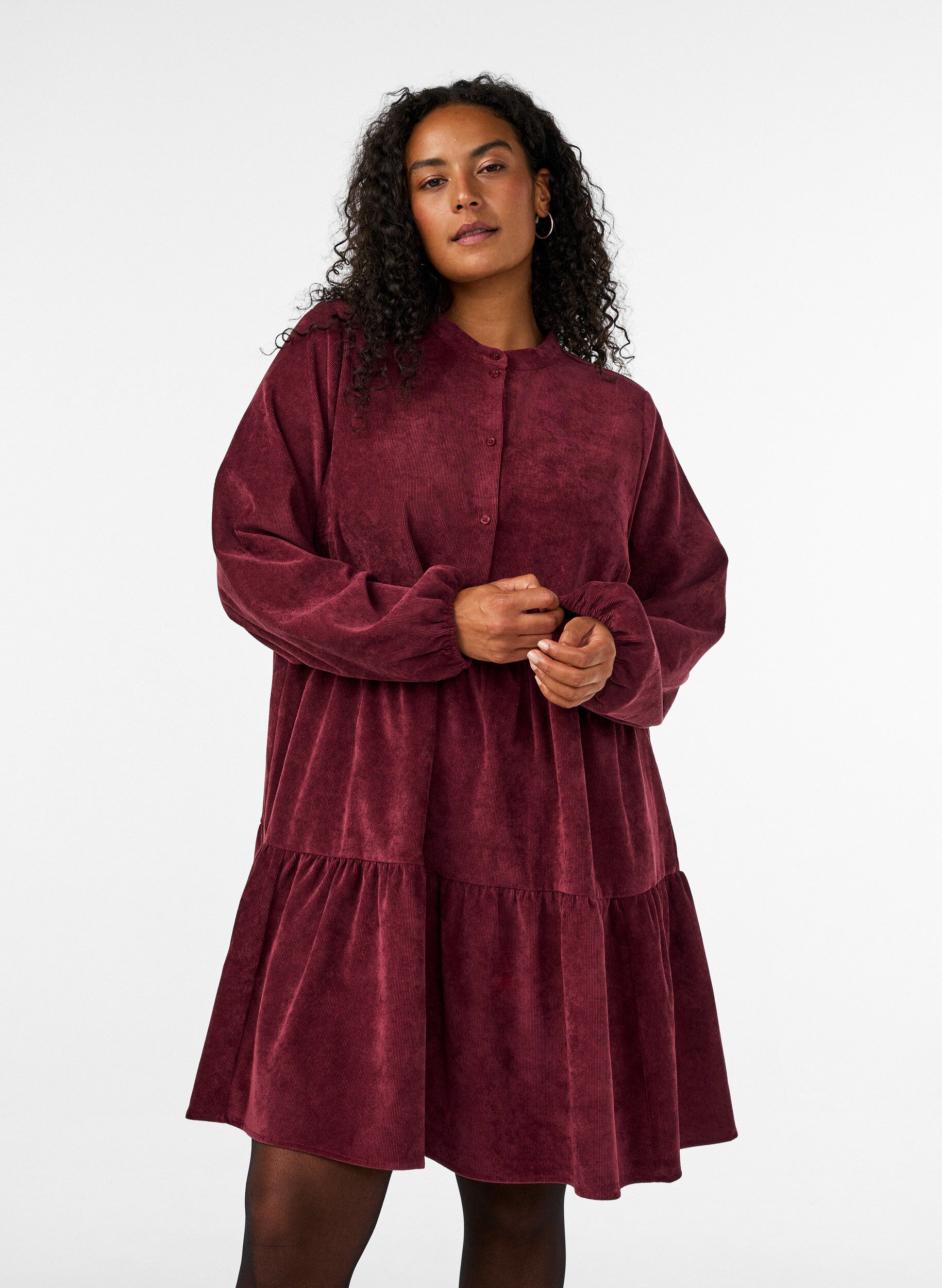 Corduroy jurk met A-lijn en opstaande kraag, Rood, Model