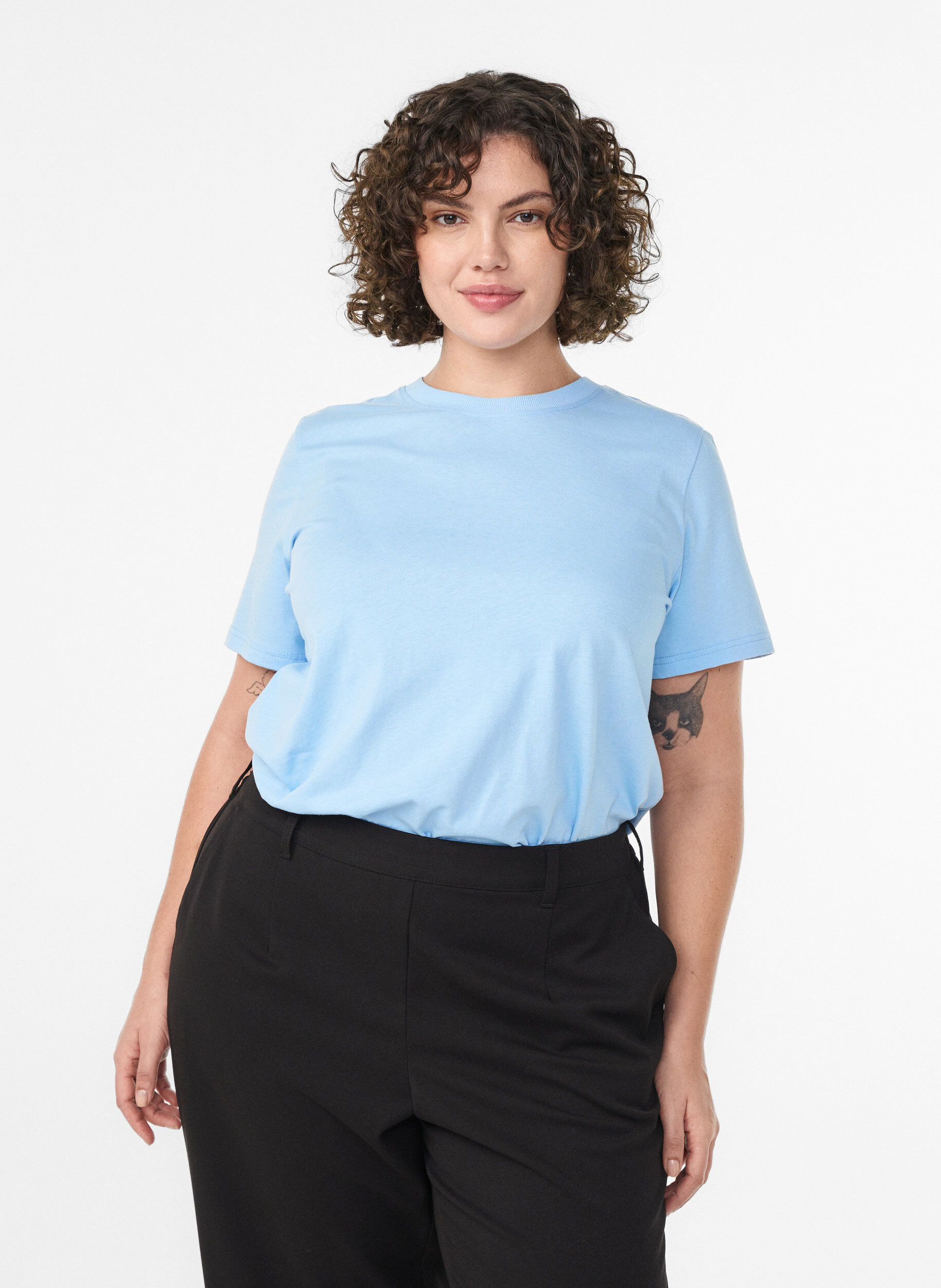 ZizziBasic katoenen T-shirt met ronde hals, Blauw, Model image number 0