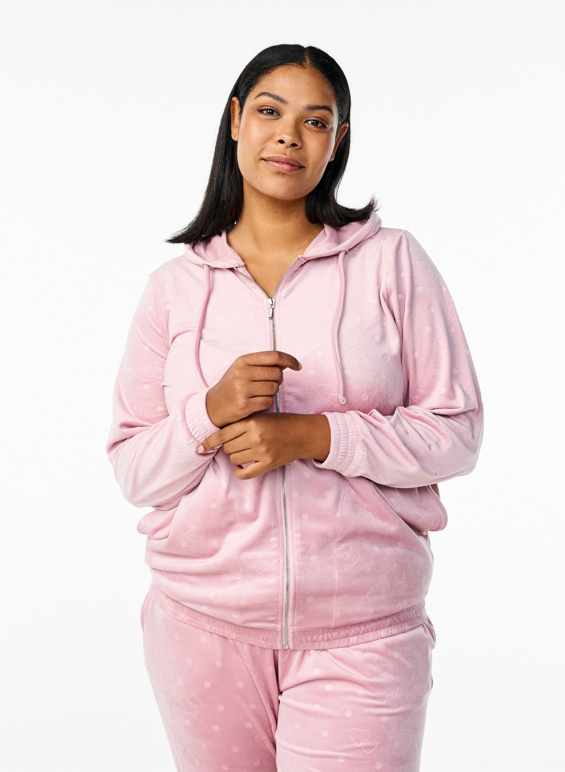 ZizziVelour cardigan met capuchon en zakken, Roze, Model image number 0
