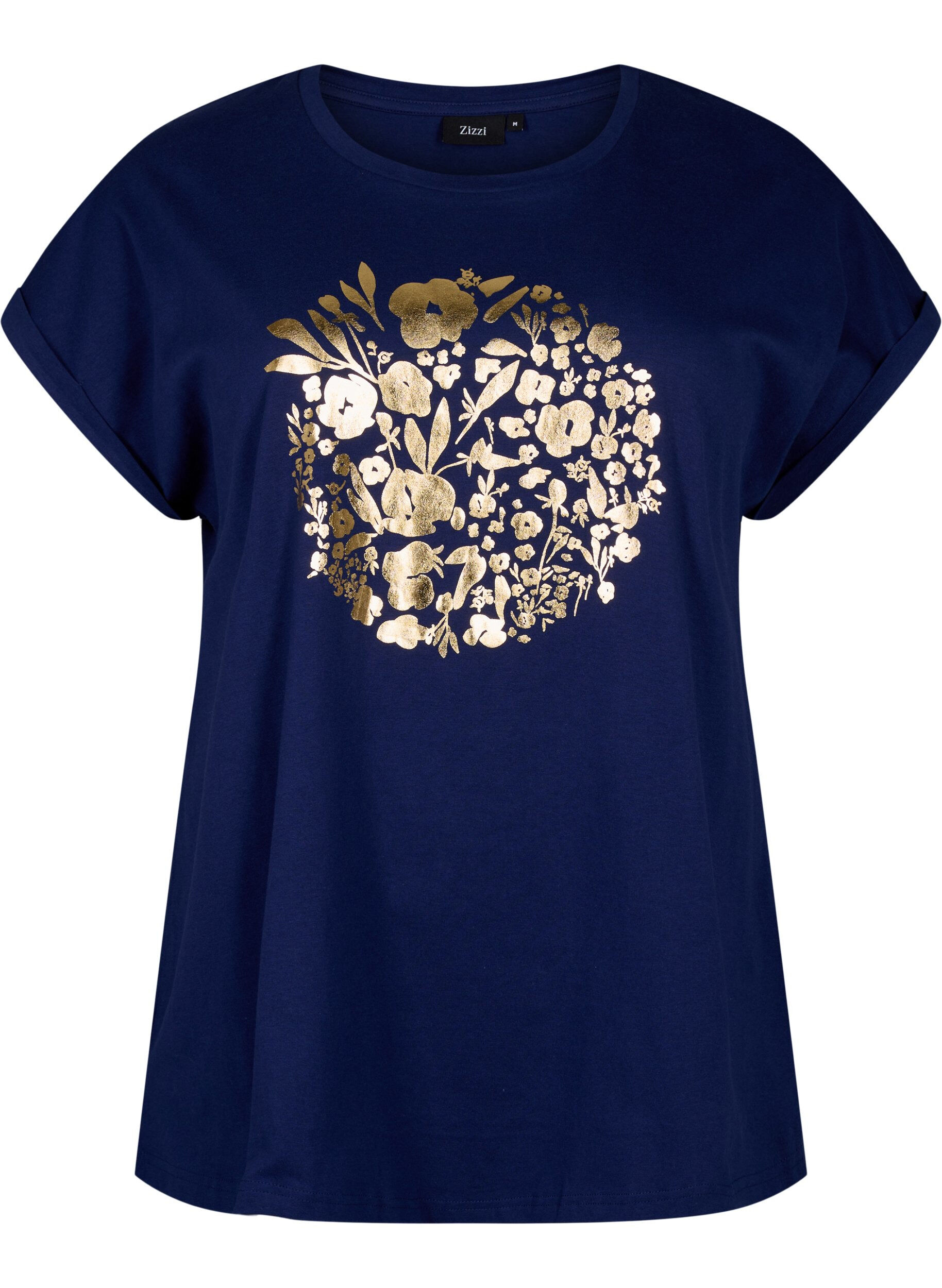 ZizziT-shirt van biologisch katoen met gouden opdruk, Med.Blue Gold Flower, Packshot image number 0