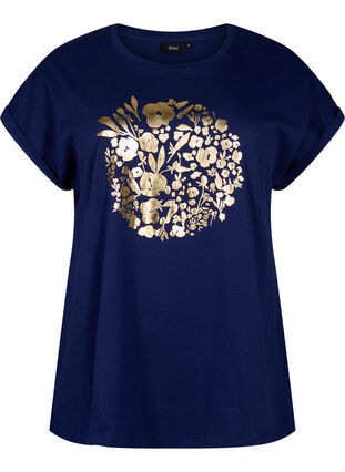 T-shirt en coton biologique avec imprimé doré, Med.Blue Gold Flower, Packshot image number 0