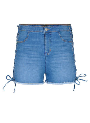 Korte spijkerbroek met veter details, Blue Denim, Packshot image number 0