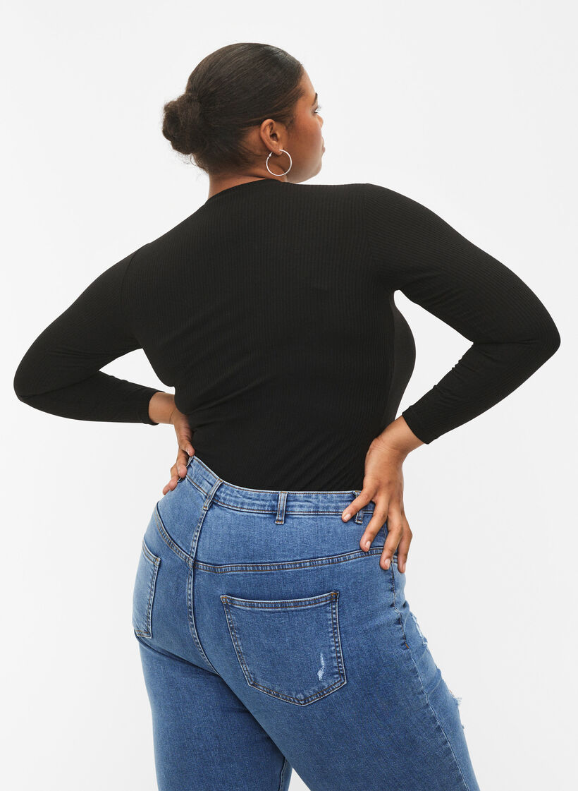 Blouse côtelée à manches longues avec ouvertures, Black, Model image number 1