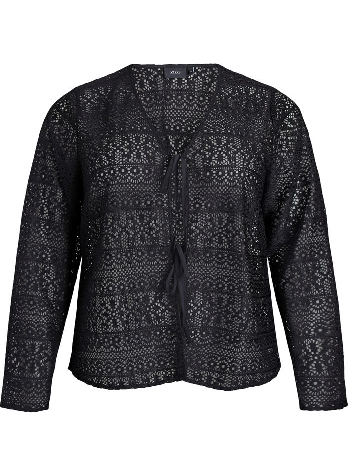 Cardigan avec motif ajouré et cordons de serrage, Noir, Packshot image number 0