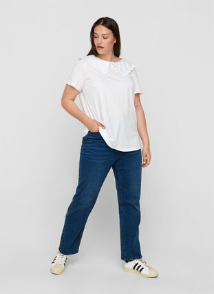 T-shirt en coton à manches courtes avec col, Bright White, Model image number 2