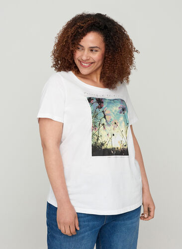 Katoenen t-shirt met korte mouwen en print, Bright White, Model image number 0