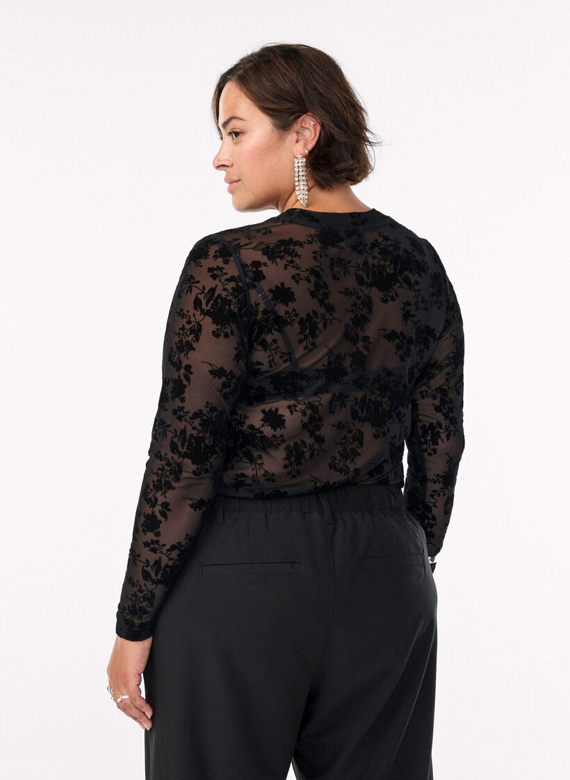 Mesh blouse met bloemenpatroon, Zwart, Model image number 2