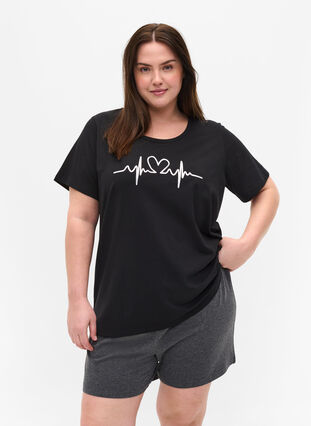 T-shirt de pyjama à manches courtes avec impression, Black HEARTBEAT, Model image number 0