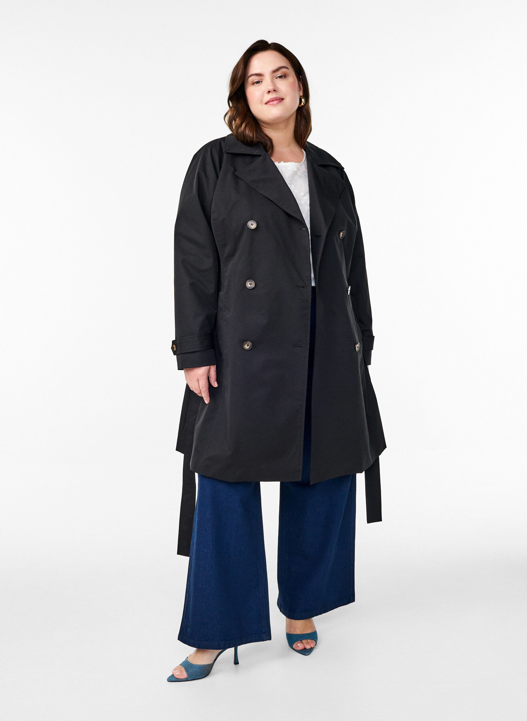 ZizziHalflange trenchcoat met ceintuur, Black, Model image number 2