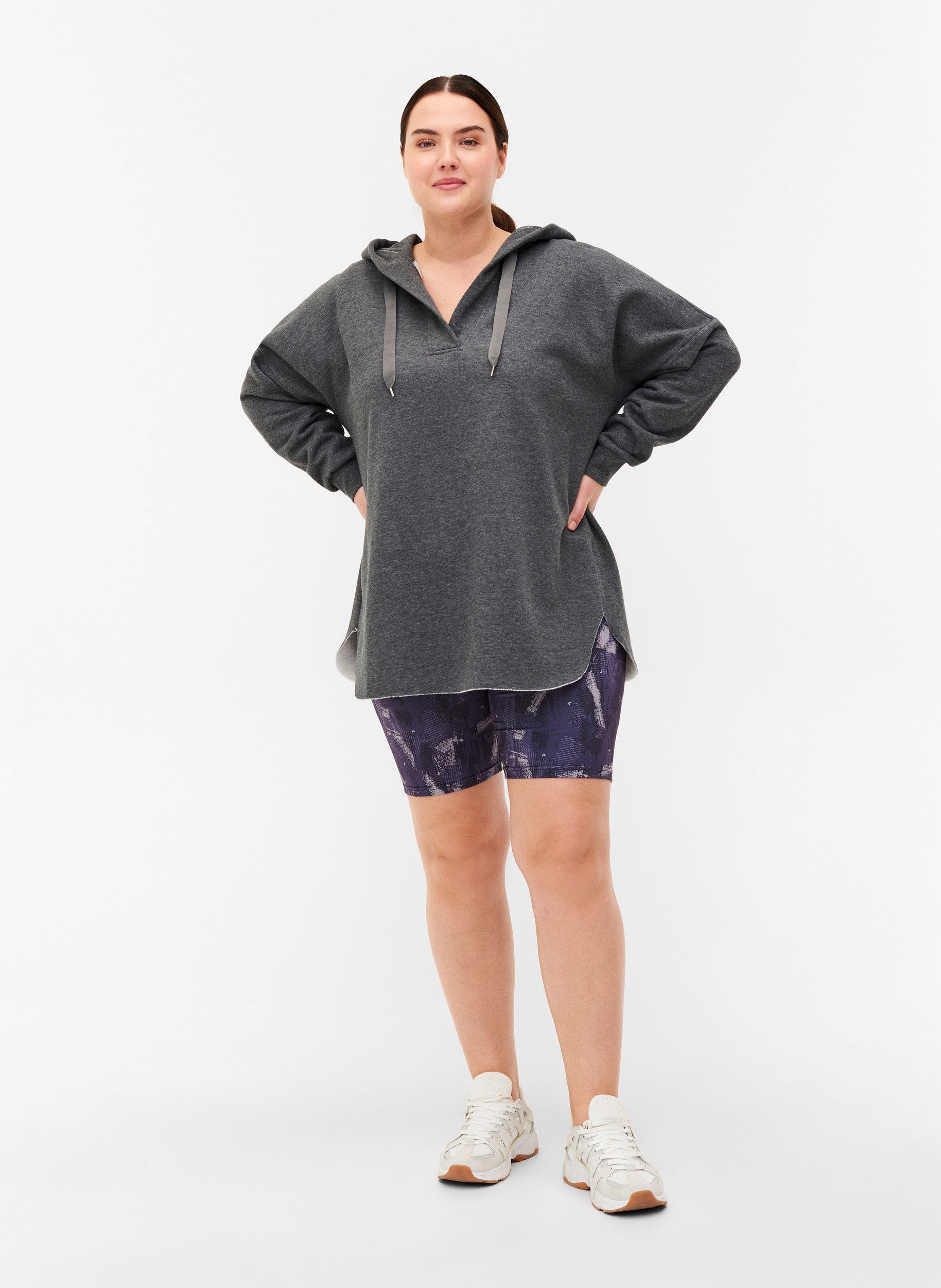 Sweatshirt met capuchon en split, Dark Grey Melange, Model image number 4