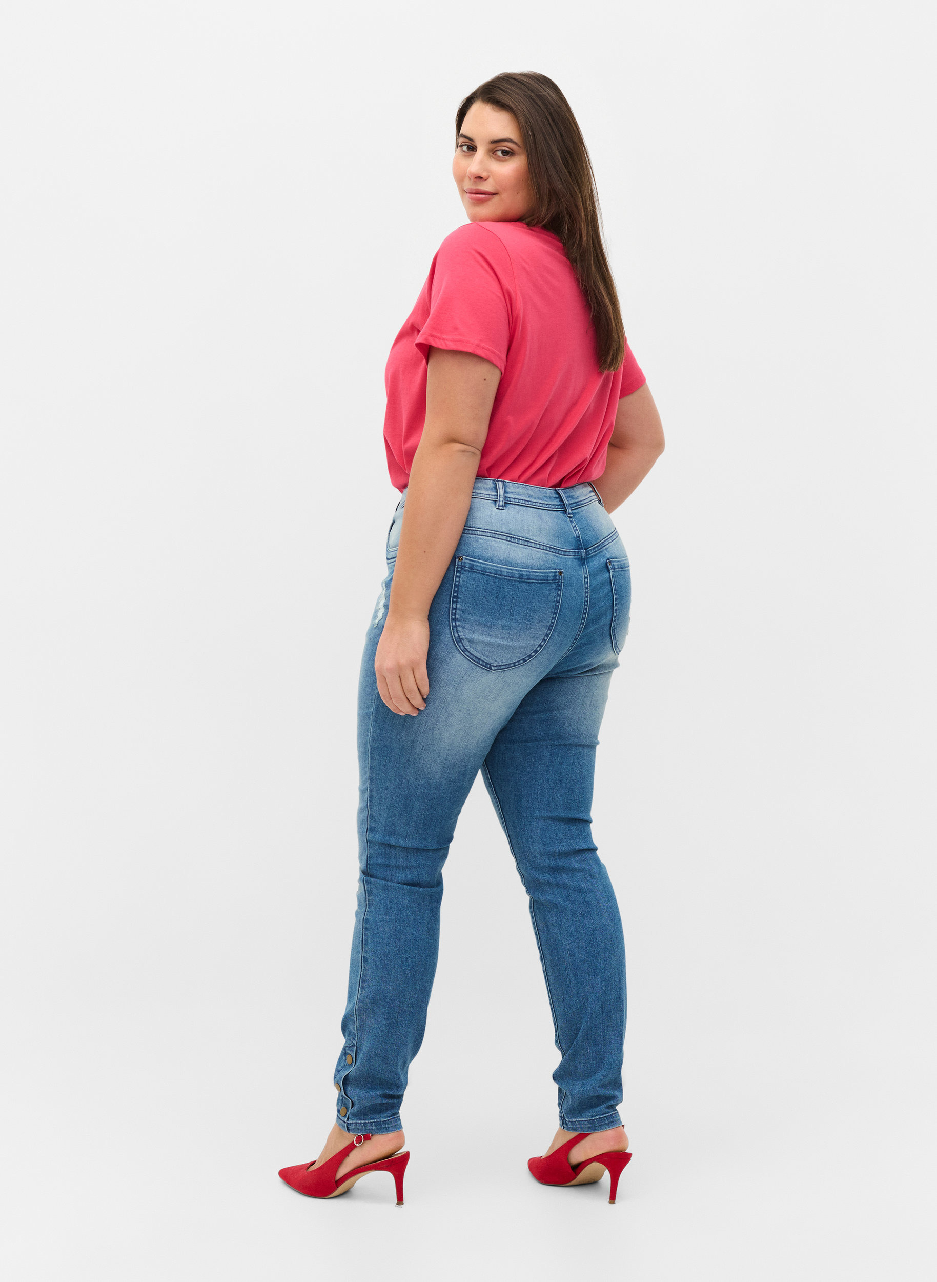 Super slim Amy jeans met split en knopen, Light blue, Model