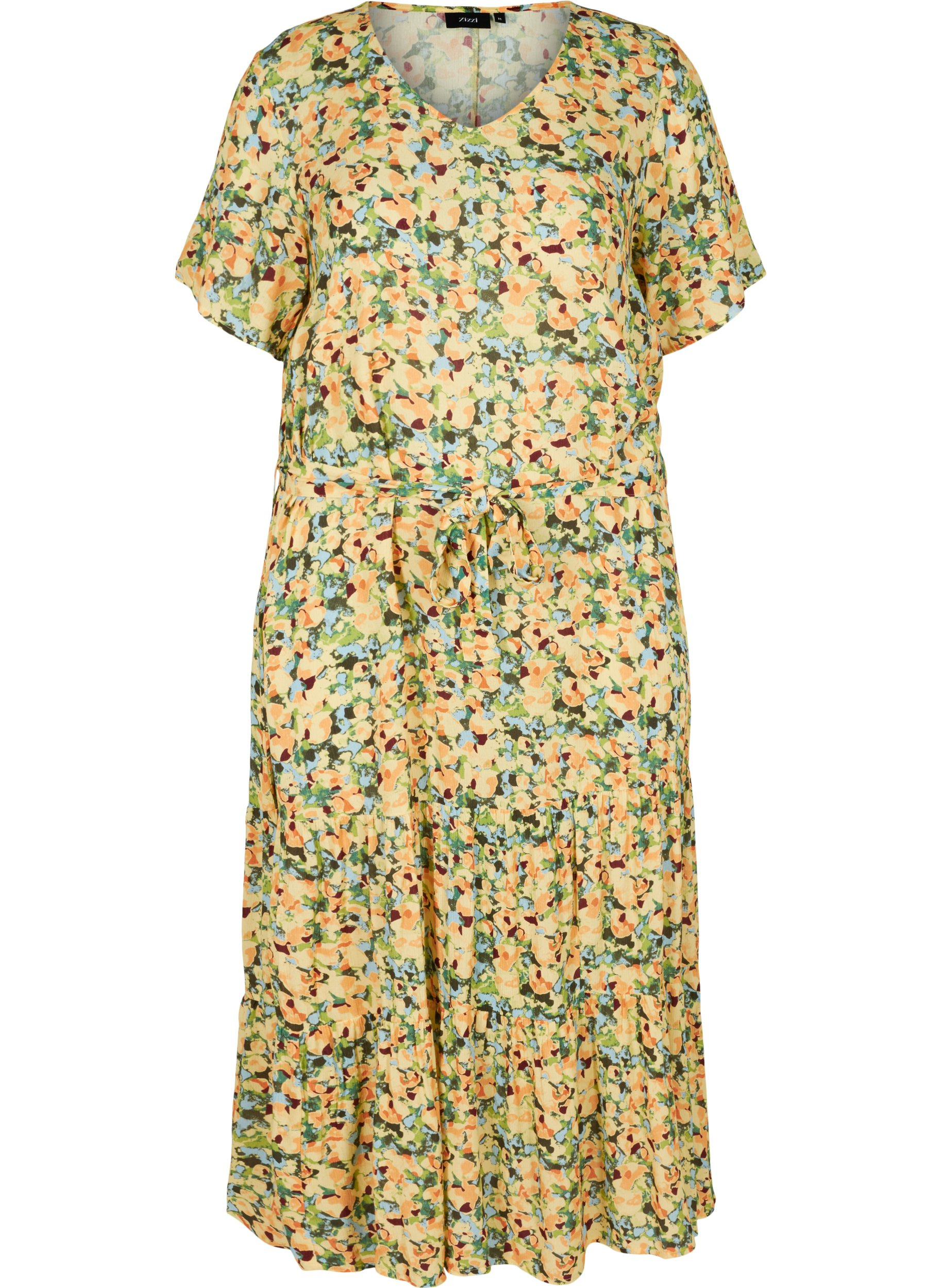 Midi-jurk met korte mouwen in viscose, Yellow Summer AOP, Packshot