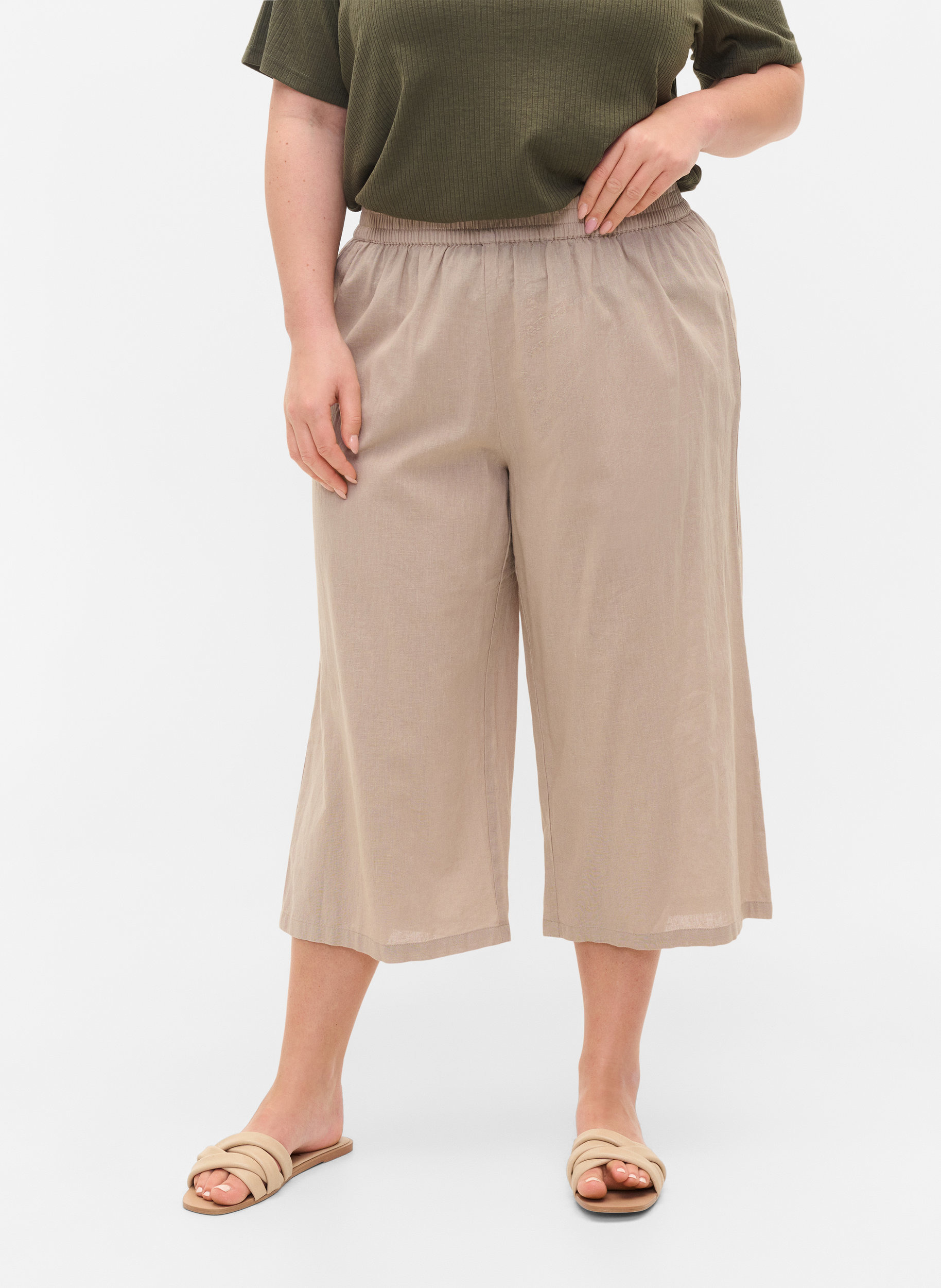 Pantalon 7/8 en coton mélangé avec du lin, Simply Taupe, Model