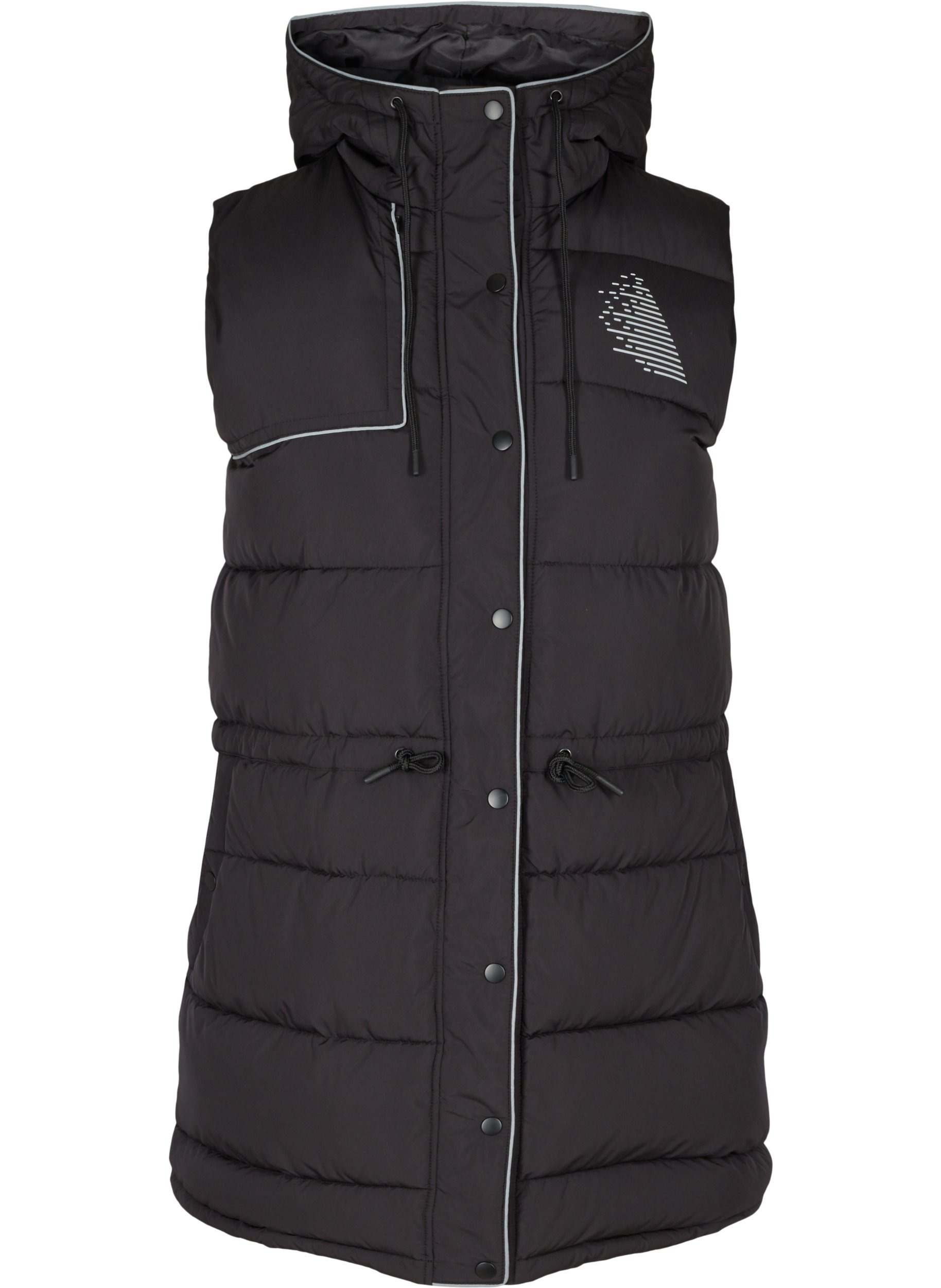 Gewatteerd vest met capuchon en reflex print, Black, Packshot image number 0