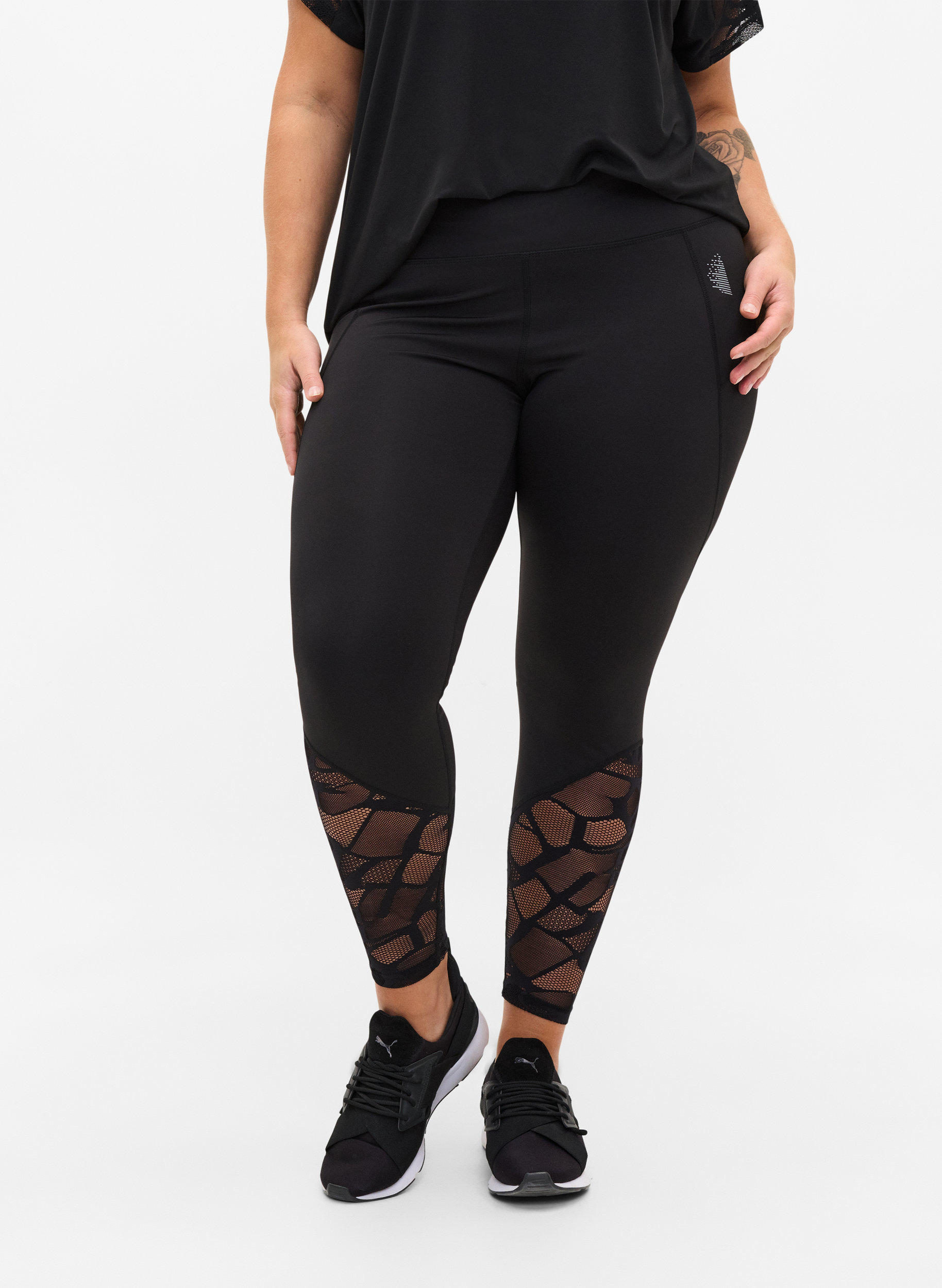 Cropped legging met patroon en mesh, Black, Model image number 3
