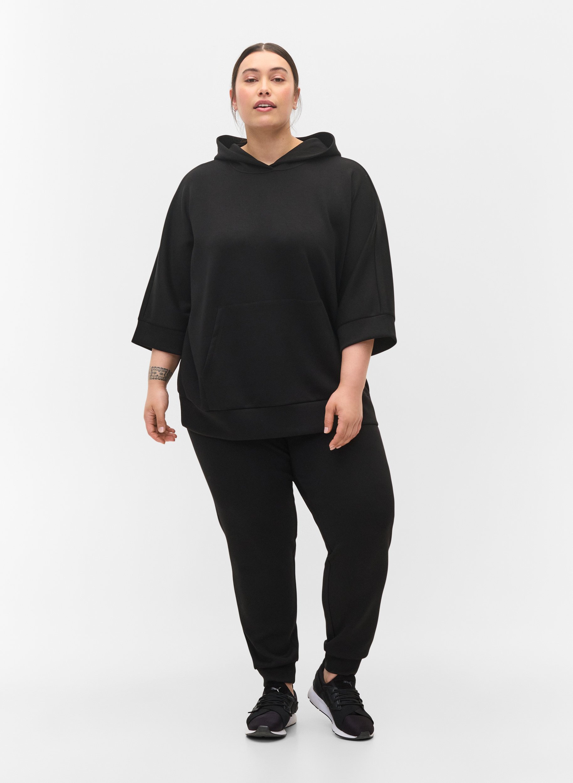 Sweat-shirt à capuche et manches 3/4, Black, Model image number 2