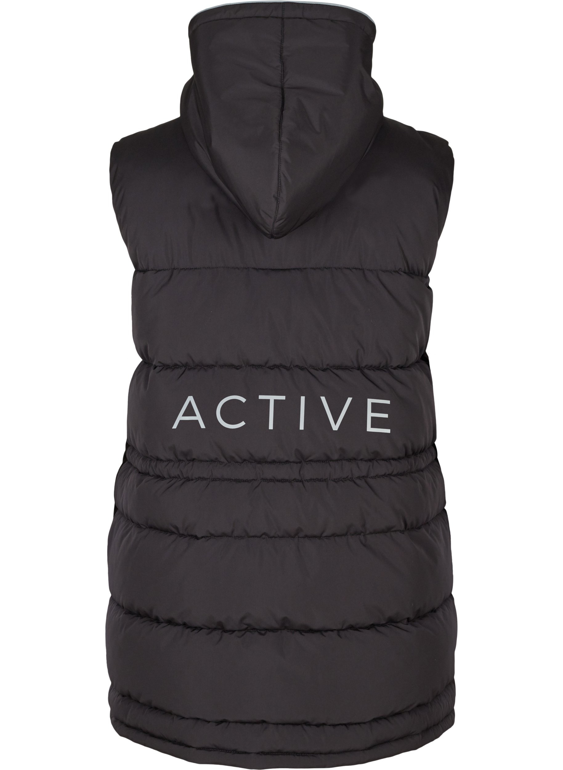 Gewatteerd vest met capuchon en reflex print, Black, Packshot image number 1