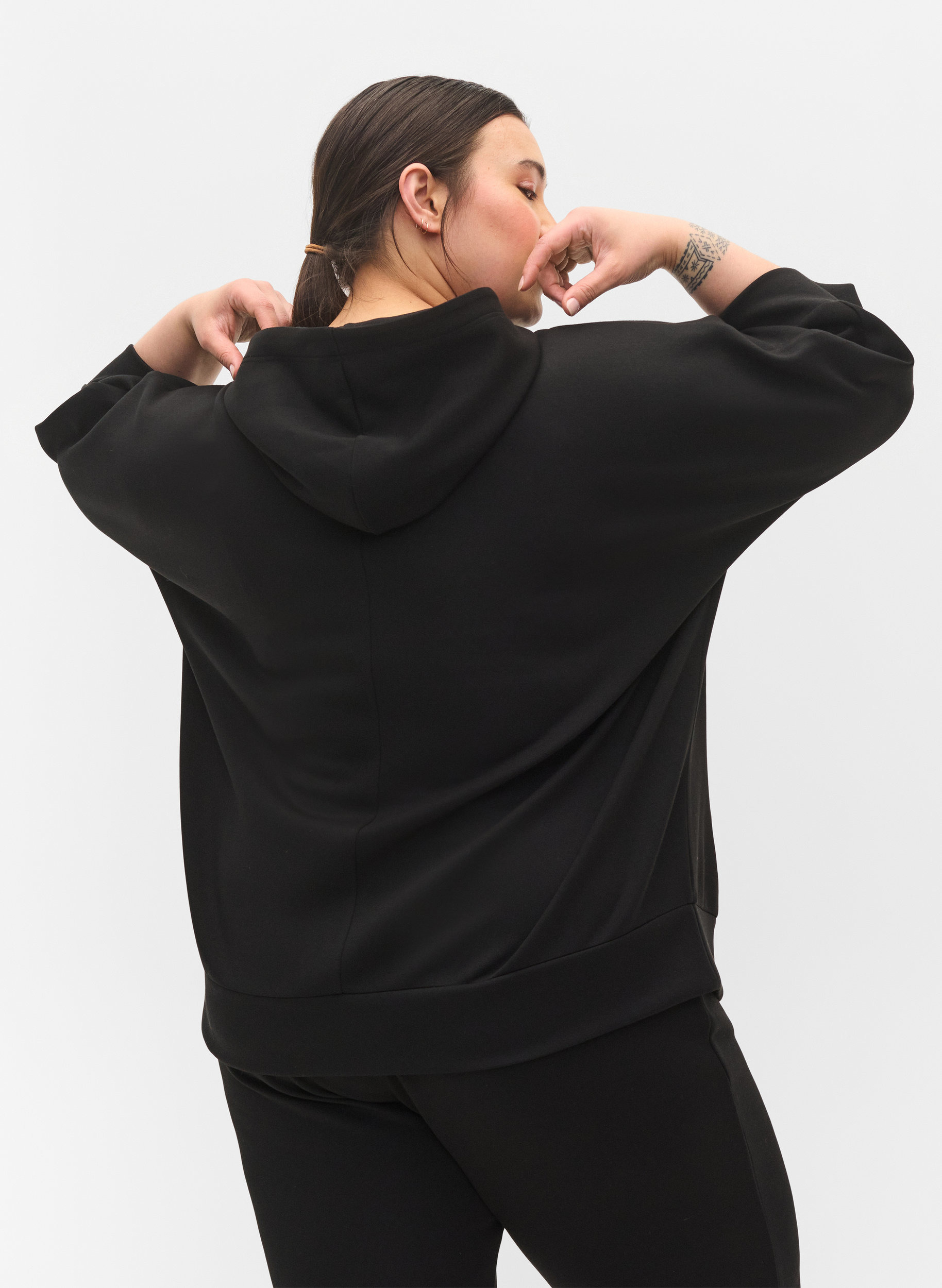 Sweat-shirt à capuche et manches 3/4, Black, Model image number 1