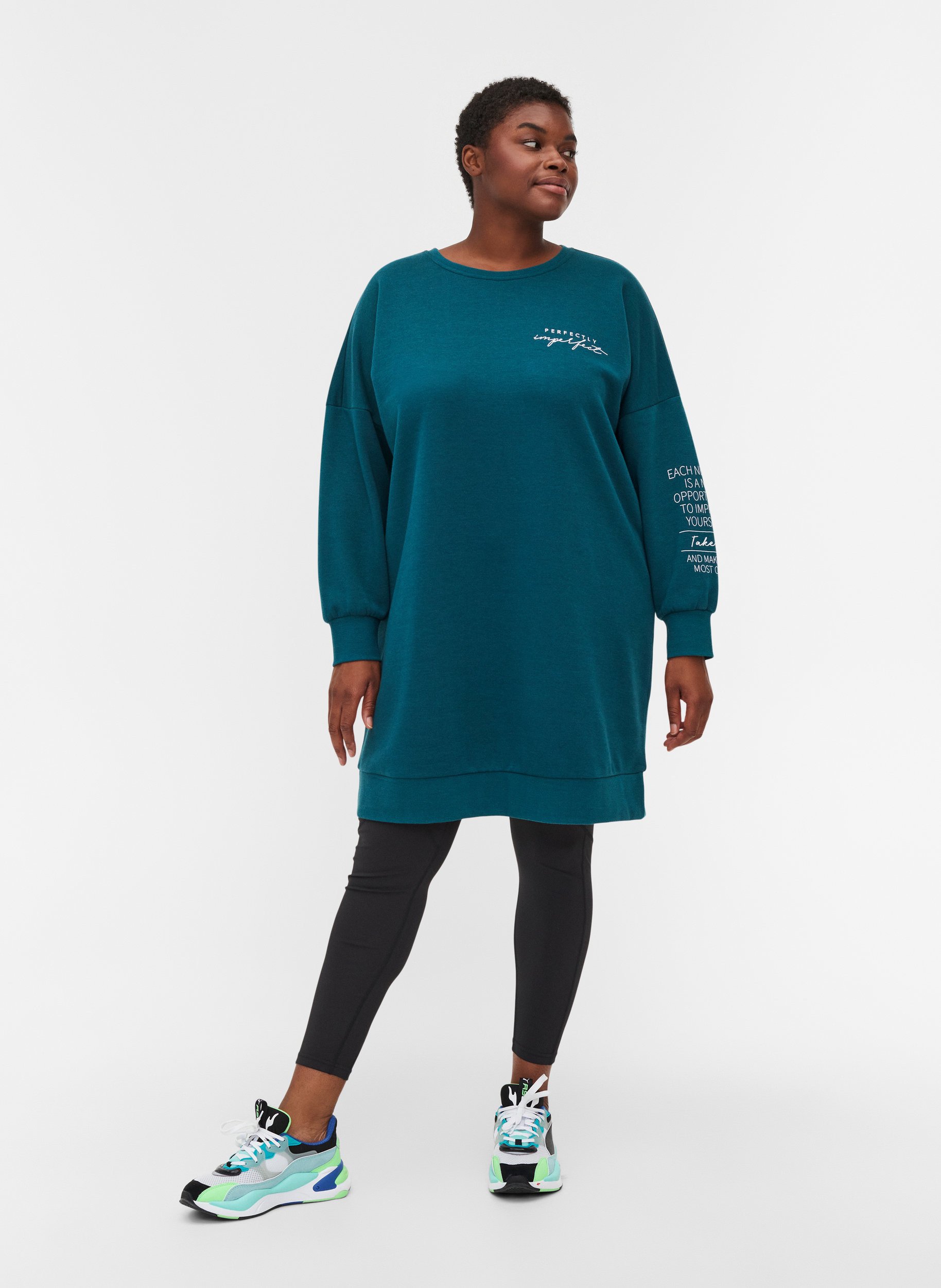 Robe sweat chiné à col rond, Deep Teal, Model image number 3