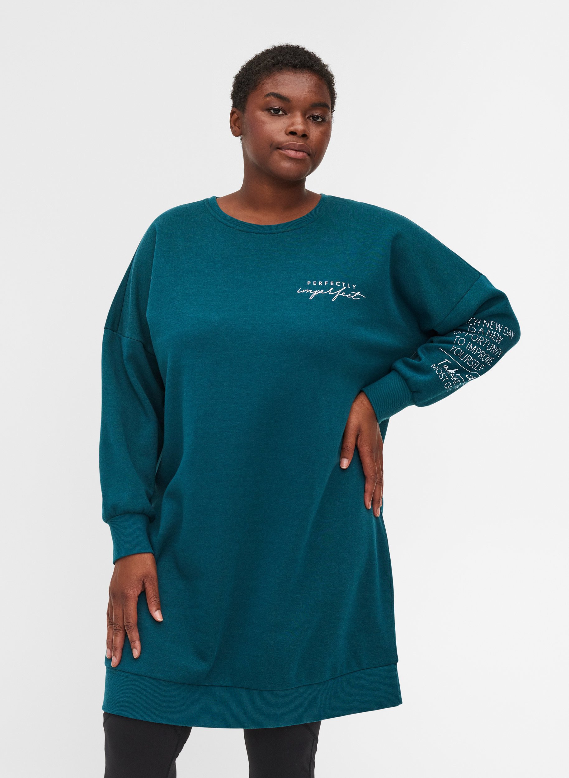 Robe sweat chiné à col rond, Deep Teal, Model image number 0