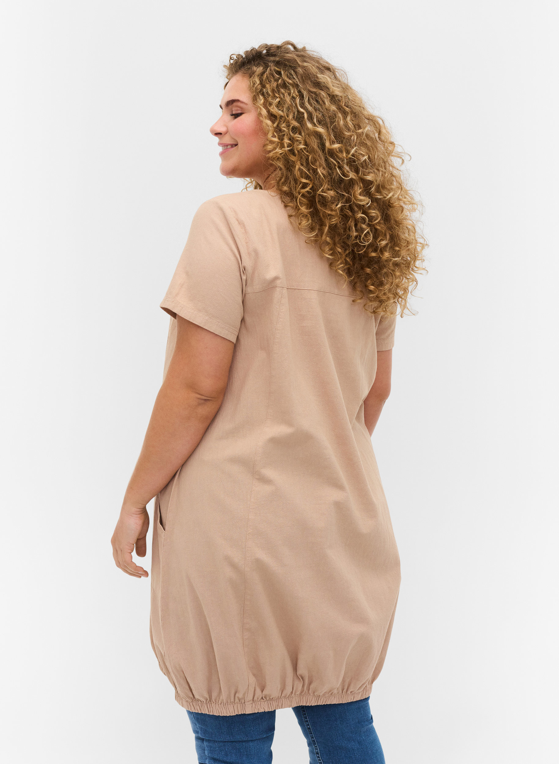 Katoenen jurk met korte mouwen, Light Taupe, Model image number 1