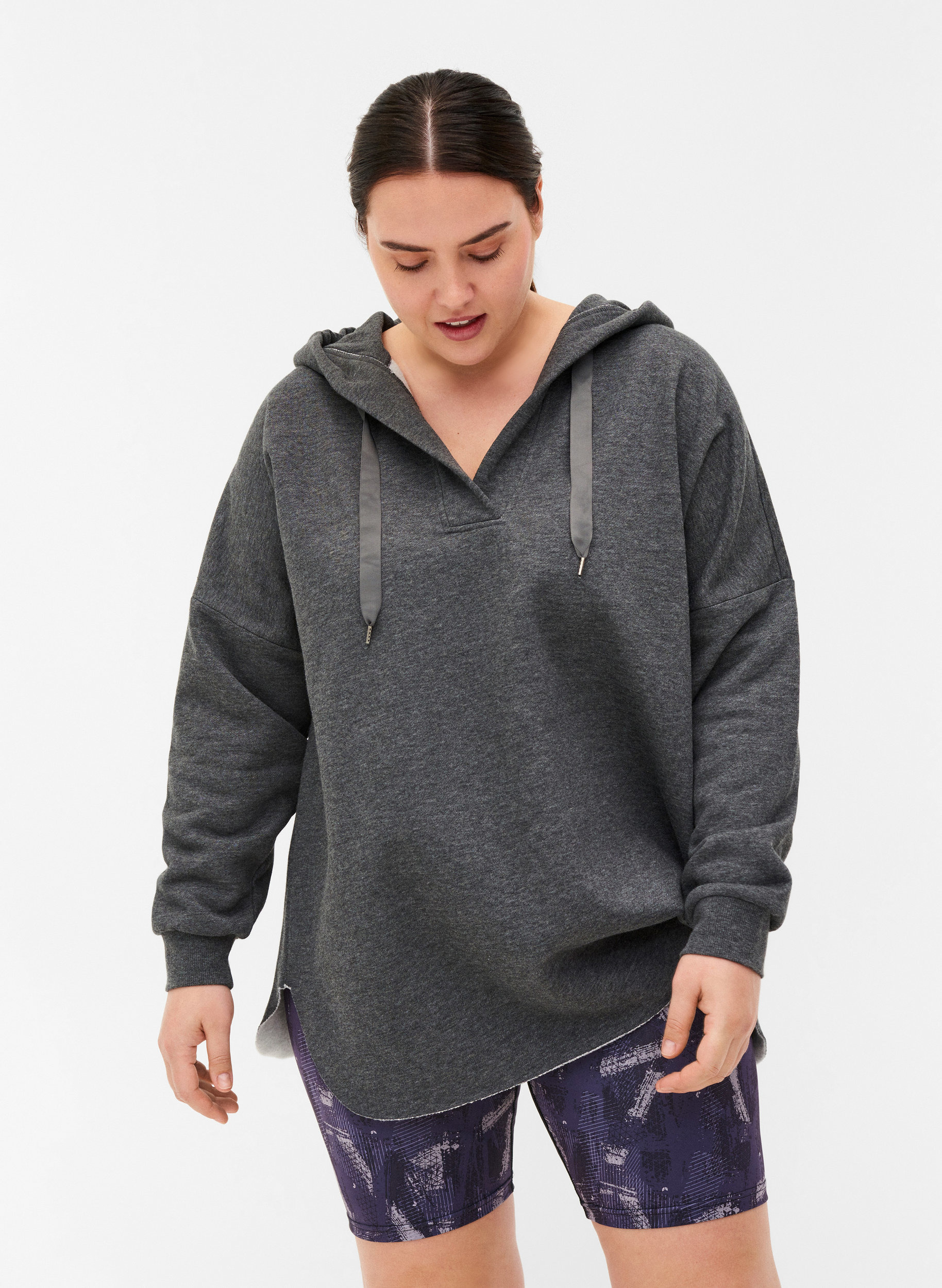 Sweatshirt met capuchon en split, Dark Grey Melange, Model image number 0
