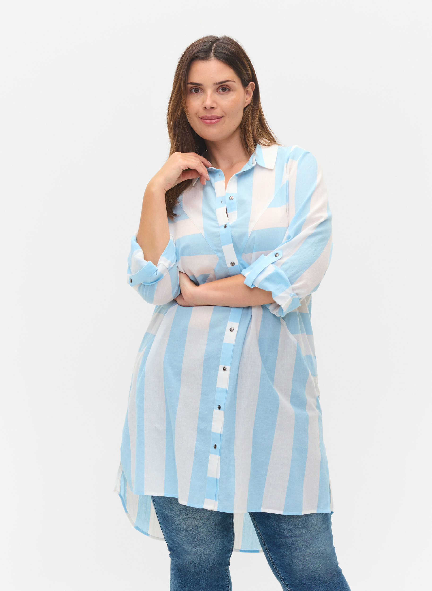 Gestreepte katoenen blouse met 3/4 mouwen, Blue Bell Stripe, Model