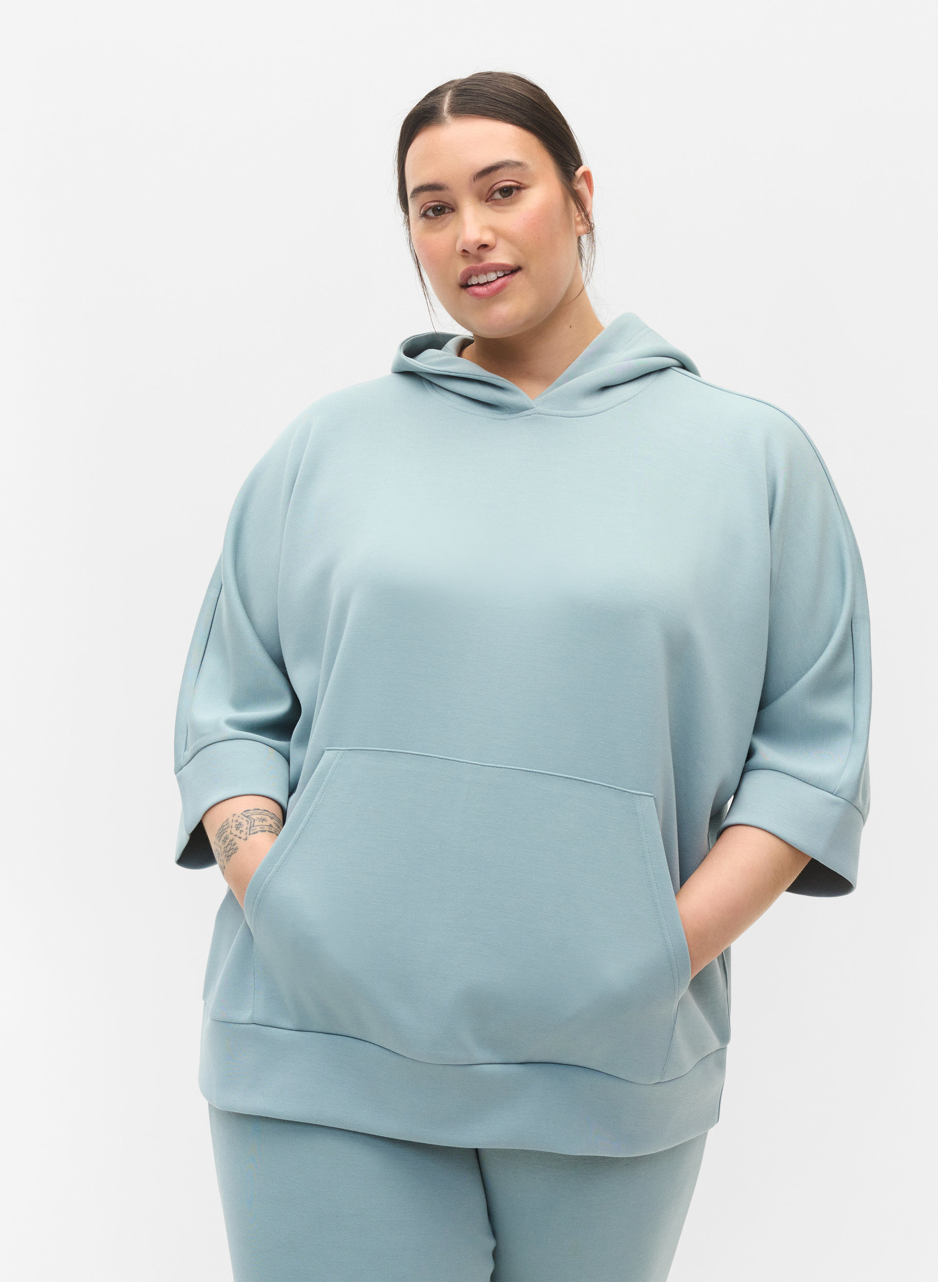Sweat-shirt à capuche et manches 3/4, Slate, Model image number 0