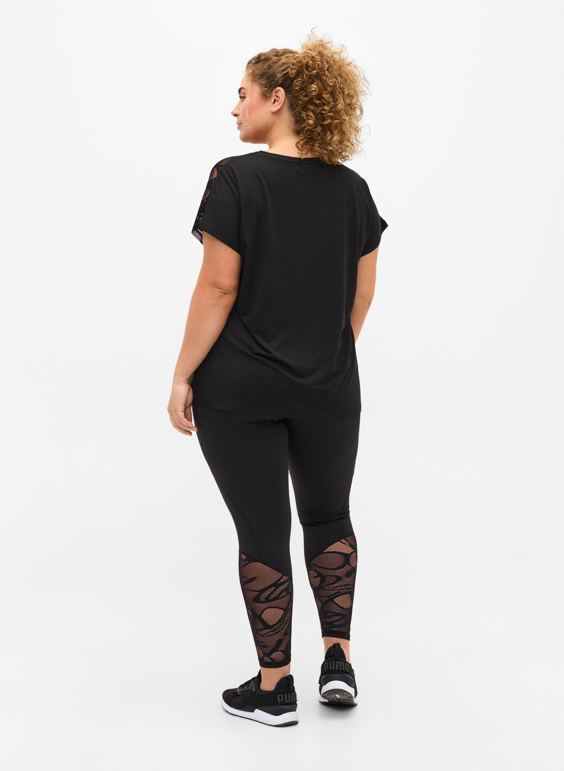 Cropped legging met patroon en mesh, Black, Model image number 1