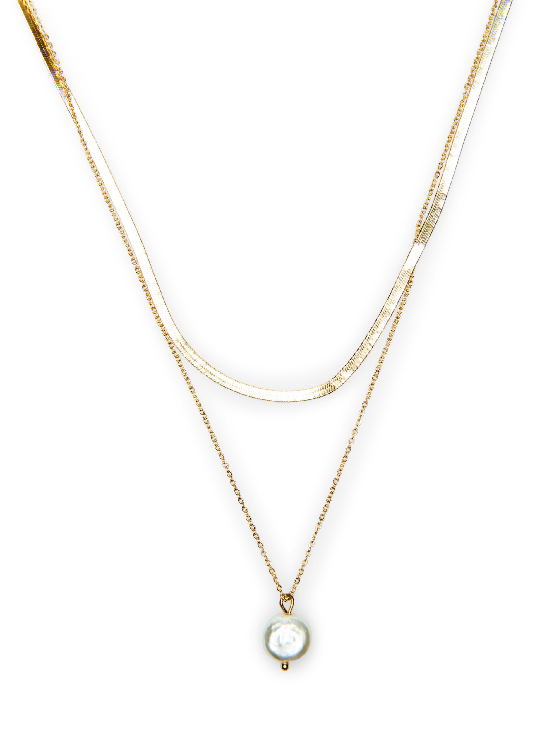 Double chaîne avec pendentif perle, Gold, Packshot